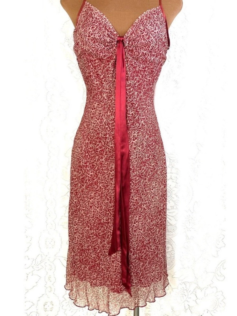 jonathan martin Red Printed Midi Slip Dress with Satin Center Tie
